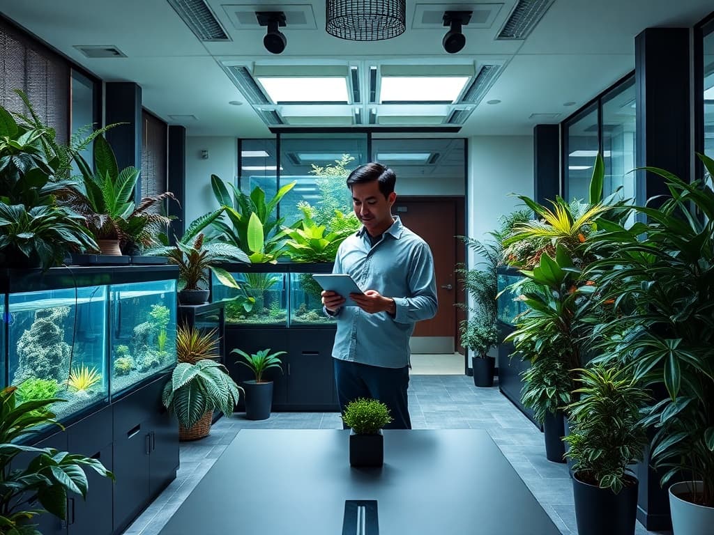 A Papi Fish designer meets a client in a calm, plant-filled Hong Kong office to plan a new aquarium installation.