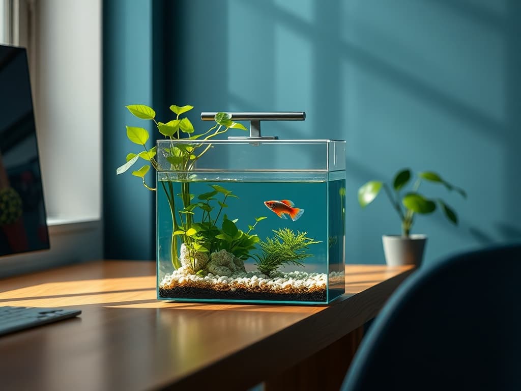 Flow Pod — a 5-gallon glass desktop aquarium with a single betta, set on a founder’s desk in a Hong Kong coworking office.
