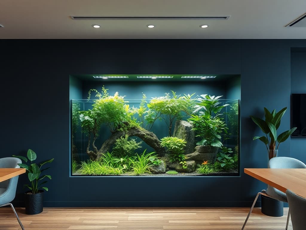 I Cube — a floor-to-ceiling planted aquarium built into a corner alcove of a Hong Kong coworking office.