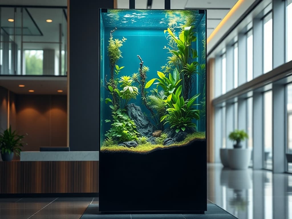 Zen Lobby — a tall, planted freestanding aquarium beside the reception desk of a modern Hong Kong office lobby.