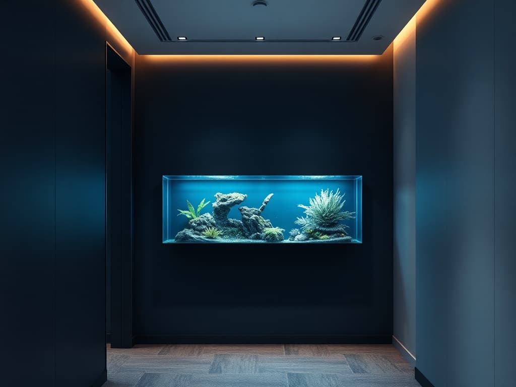 Focus Drop — a shallow wall-mounted aquarium in a Hong Kong office hallway, glass and water catching soft daylight.
